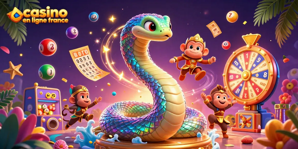 Découvrez le monde vibrant du casino en ligne France avec des serpents colorés et des billets d'or tombants.