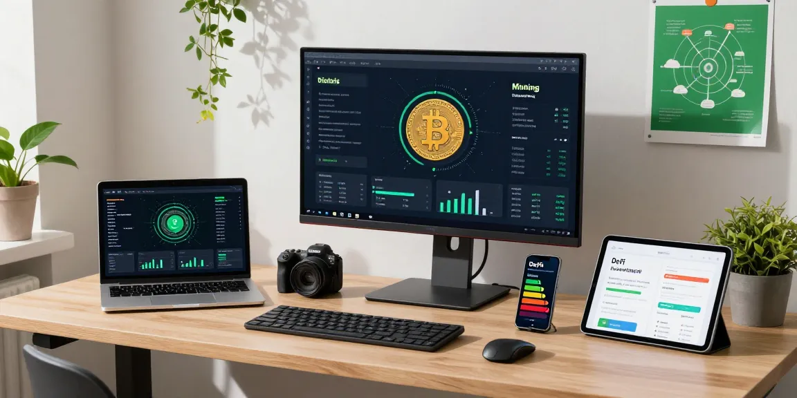 Eco friendly crypto mining workspace with blockchain analysis, renewable energy metrics, and efficiency tools.