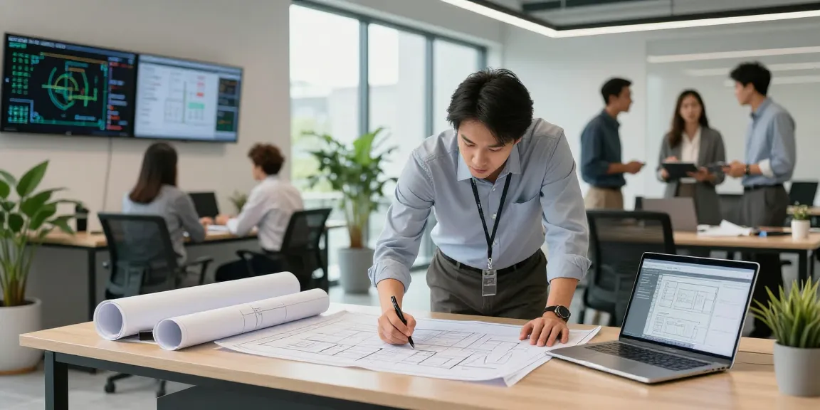 Engineer providing expert permit engineering services in Missouri, reviewing blueprints and utilizing engineering software in a professional office setting.