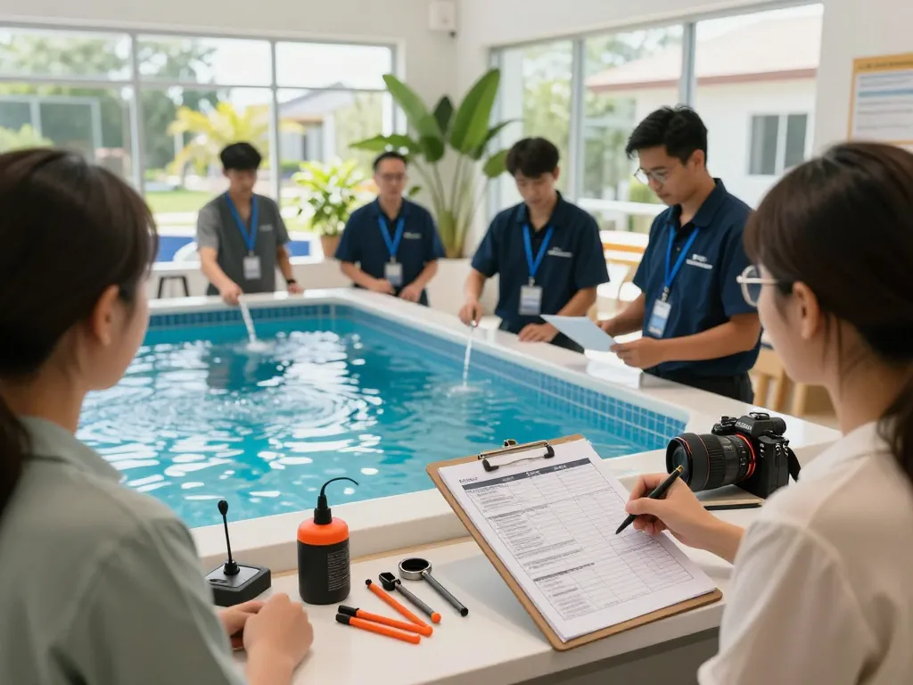 Dolphin Pool Services team discussing maintenance plans in a bright showroom, showcasing pool care expertise and customer focus.
