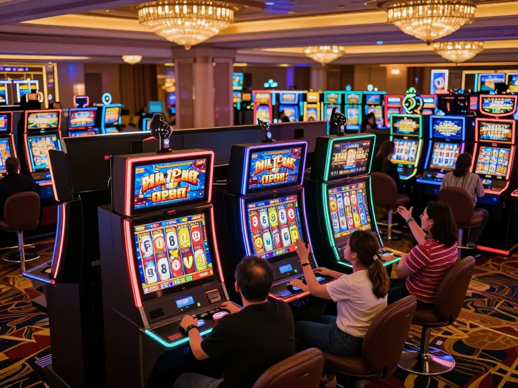 Players celebrating a win at vibrant slot machines highlighting slot77 excitement.