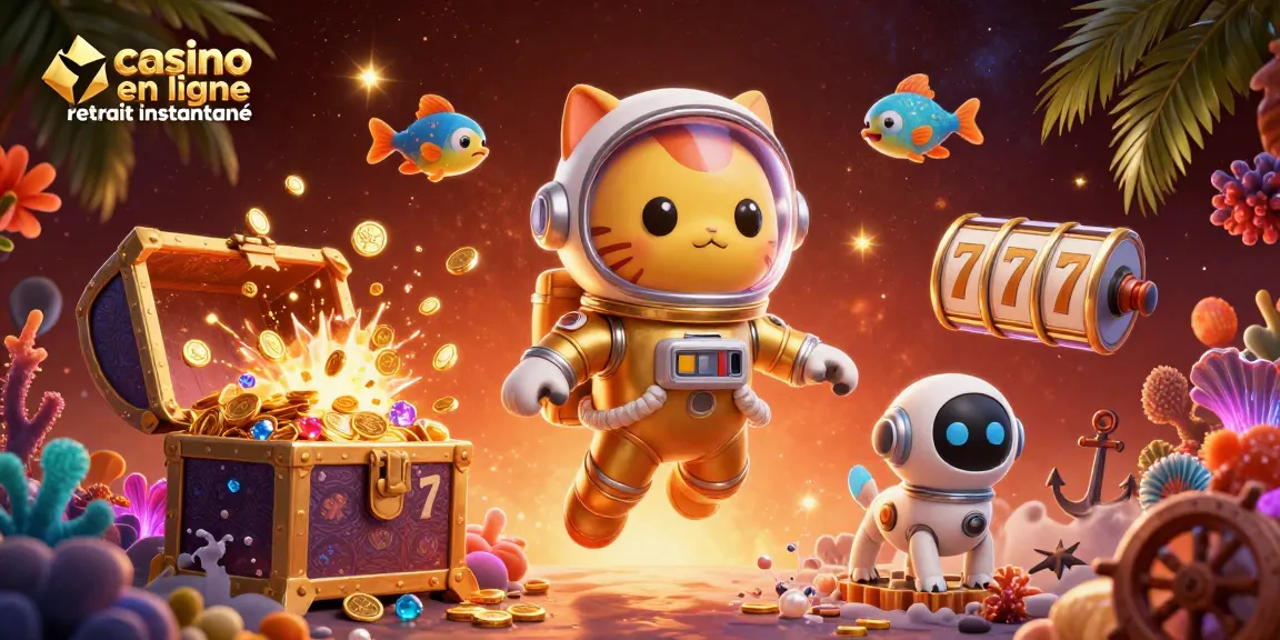 Illustration 3D de casino en ligne retrait instantané montrant un chat astronaute et un chien robot.