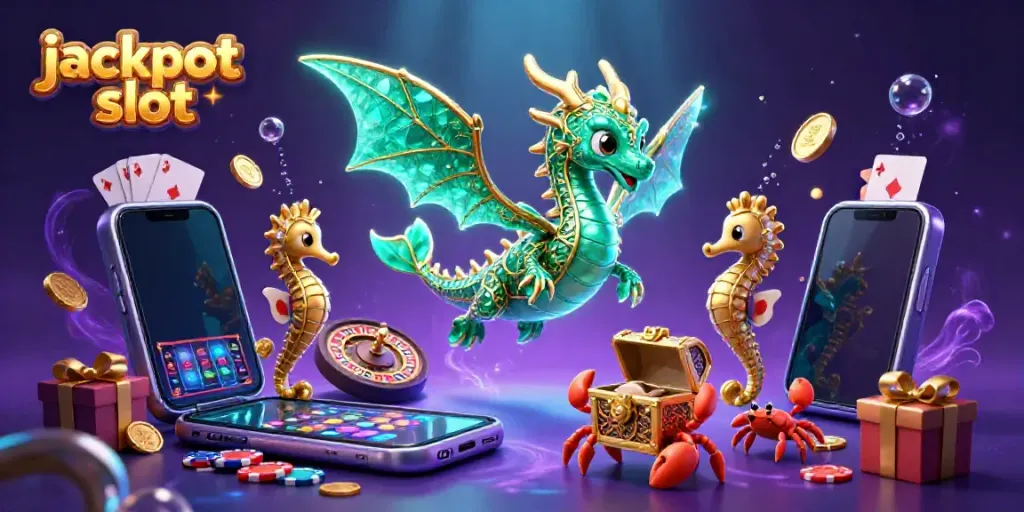 Experience the excitement with jackpot slot featuring a dragon and treasure chest in a colorful casino scene.