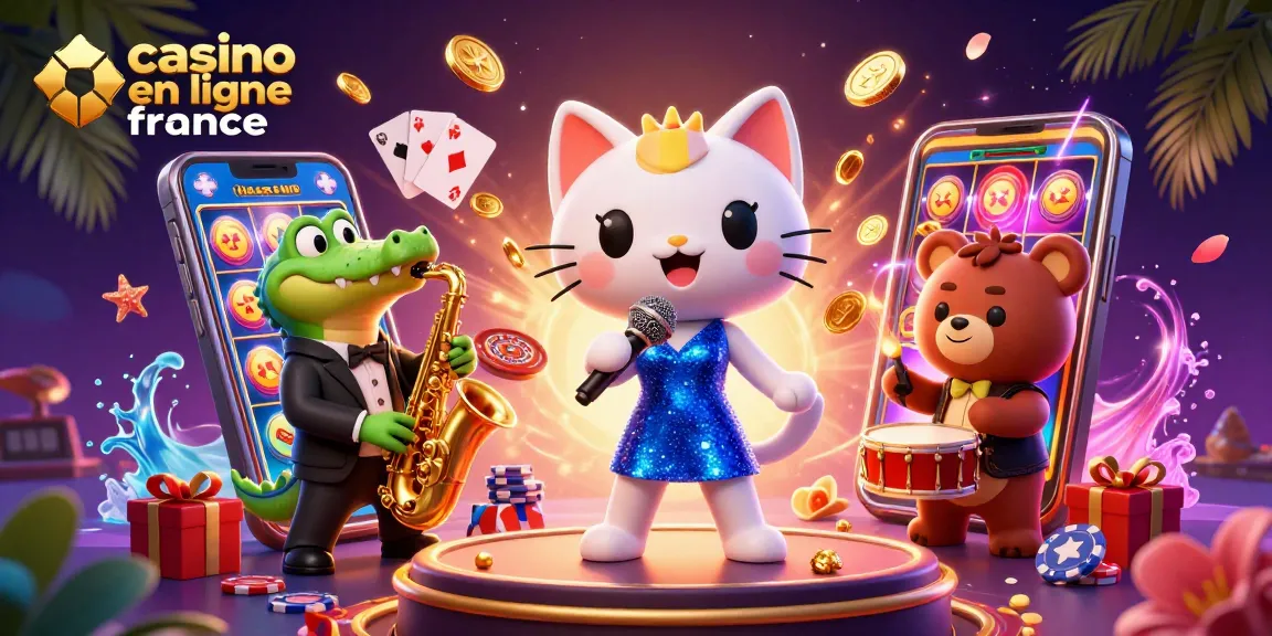 Illustration vibrante de casino en ligne France avec un chat chanteur, crocodile saxophoniste, et ours batteur.