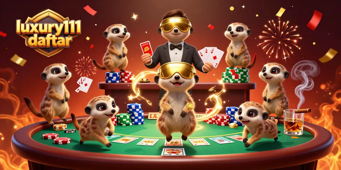Engage in exciting gameplay at luxury111 daftar as meerkats manage a vibrant casino scene with poker tables and colorful chips.