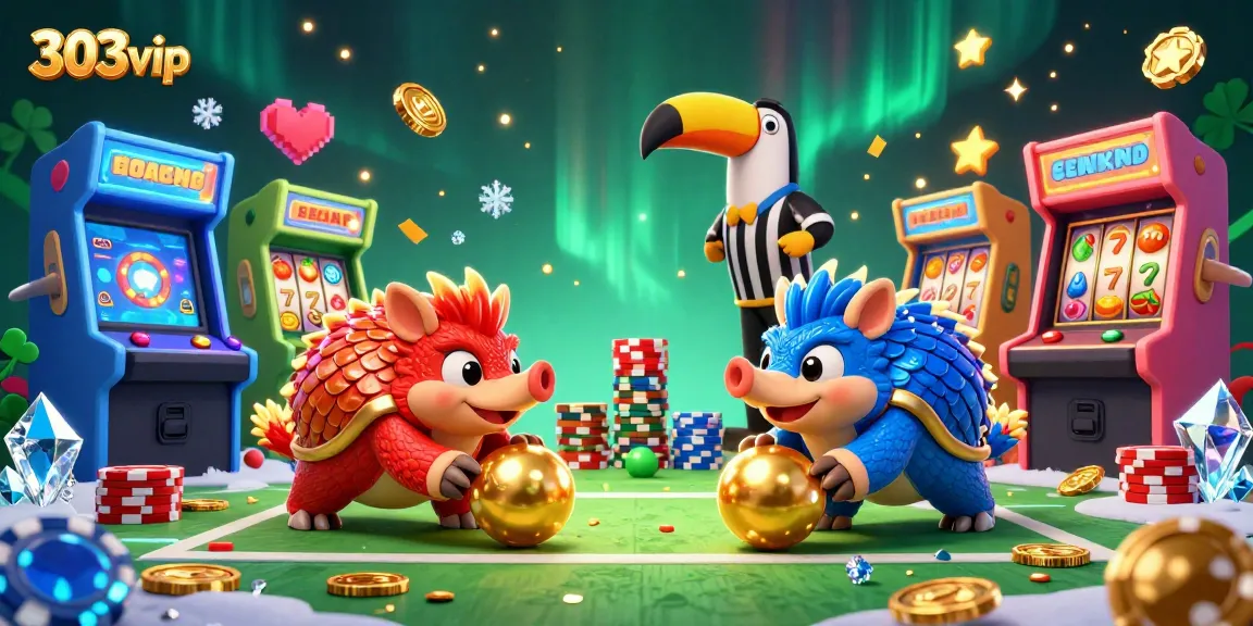 Experience thrilling gameplay at 303vip with vibrant pangolins rolling through poker chips and slot symbols.