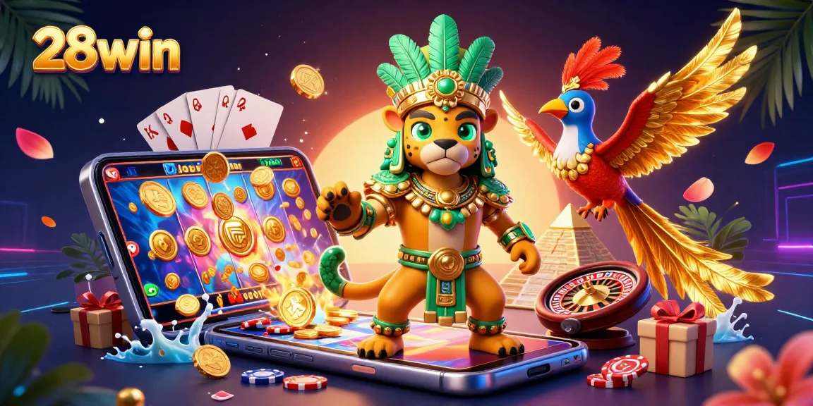 Experience 28win's vibrant gaming scene featuring an interactive 3D Mayan casino adventure.
