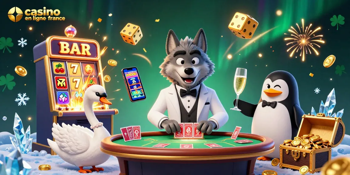 Animations de casino en ligne France avec un loup, un cygne et un pingouin, illustrant l'excitation des jeux.