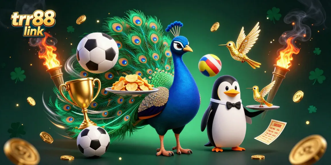 Interact with the trr88 link, featuring a vibrant illustration of peacock, penguin, and hummingbird in a dynamic casino scene.
