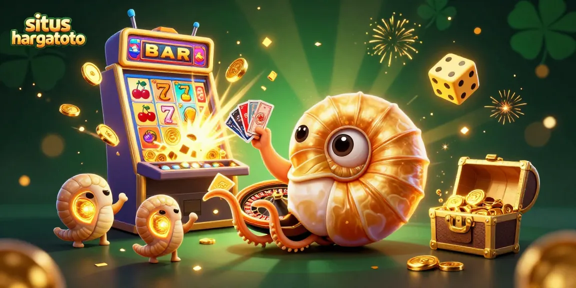 Situs hargatoto offers thrilling online gaming experiences featuring a vibrant casino scene with a giant nautilus and exciting game elements.