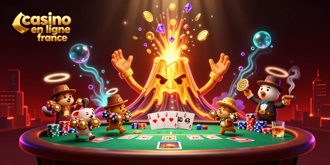 Illustration dynamique de casino en ligne France avec un volcan en or, des animaux explorateurs et des jetons de poker.