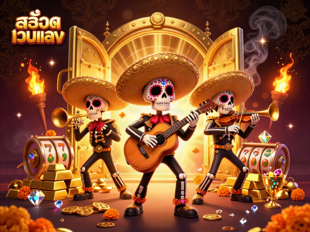 Experience the excitement of สล็อตเว็บตรง casino games with vibrant Day of the Dead mariachi band illustration.