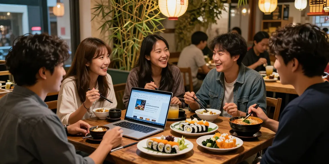 Individuals enjoying discussions on Asian cultures at a vibrant cafe while discovering content from https://hanadultalk.com.