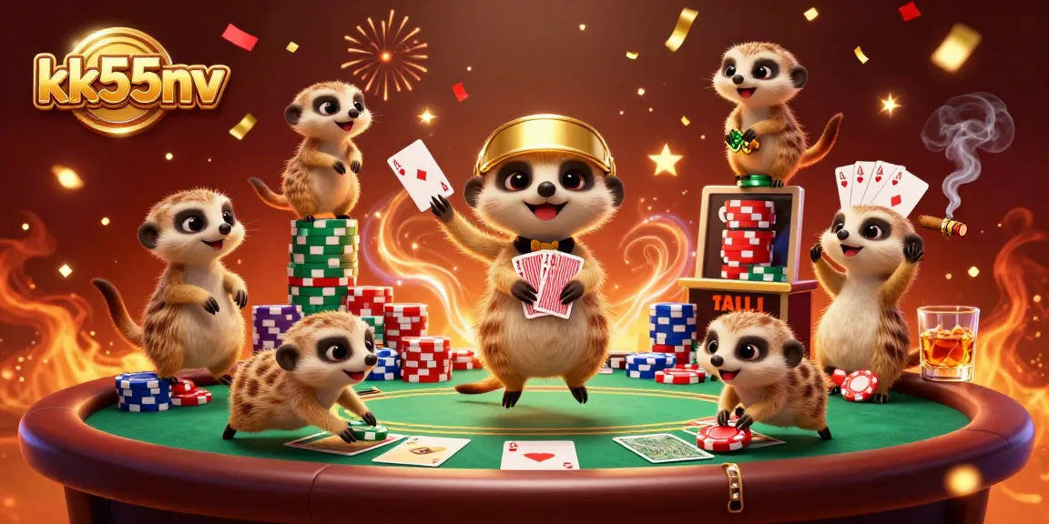 kk55nv meerkats operate a vibrant casino with poker games, dramatic poker chip towers, and festive energy.