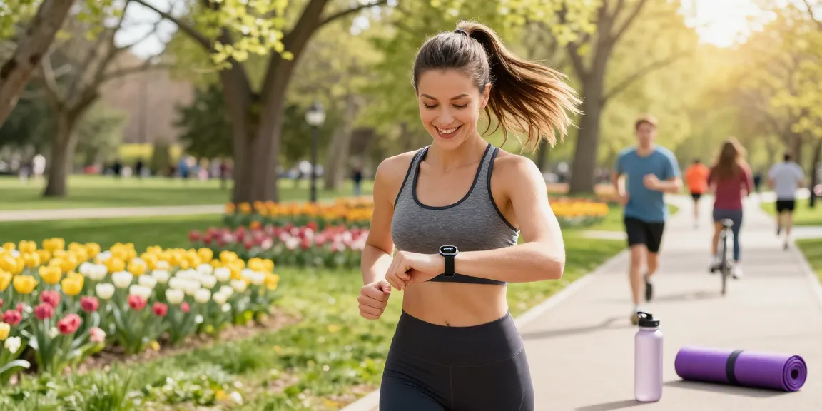 Melihat Fitbit Luxe di https://www.polarfitbitshop.com/fitbit-luxe/ saat berlari di taman yang cerah dengan suasana penuh warna.