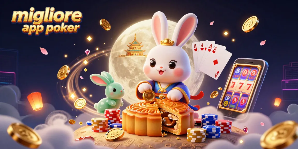 Gioca alla migliore app poker mentre un coniglio lunare svela fiches dorate tra monete volanti