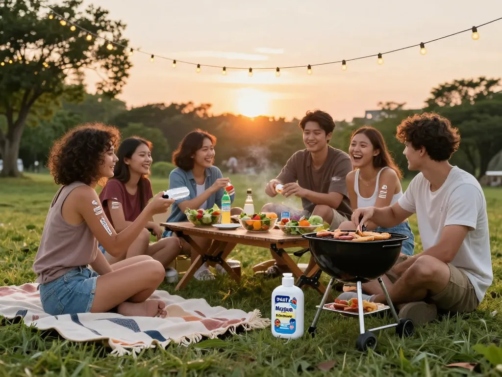 Friends applying Best Mosquito Repellent while enjoying a summer barbecue outdoors in a cozy setting.