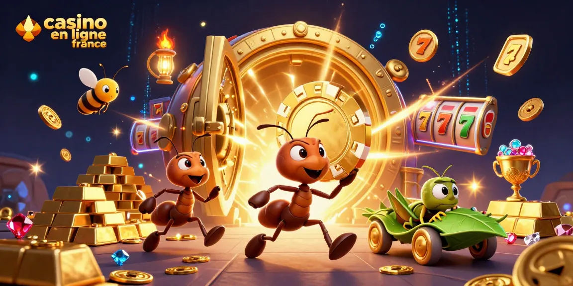 Illustration dynamique d'une équipe de fourmis transportant un jeton de poker géant pour casino en ligne France.