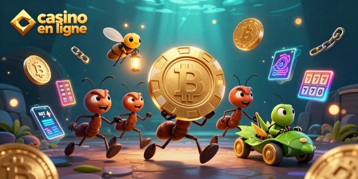 Les fourmis volent un jeton de poker géant dans un casino en ligne, entourées de pièces de crypto-monnaie.