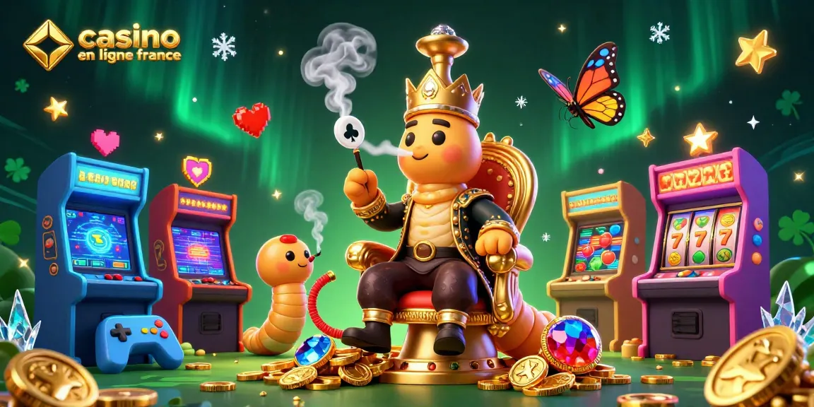 Illustration vibrante de casino en ligne France avec un maître narguilé et des éléments de jeux colorés.