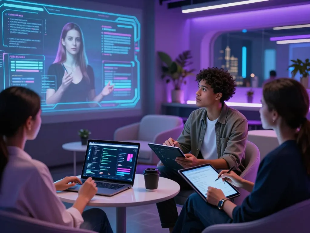 Group collaborating on AI sex research in a modern tech lounge showcasing innovative technology and interactive discussions.