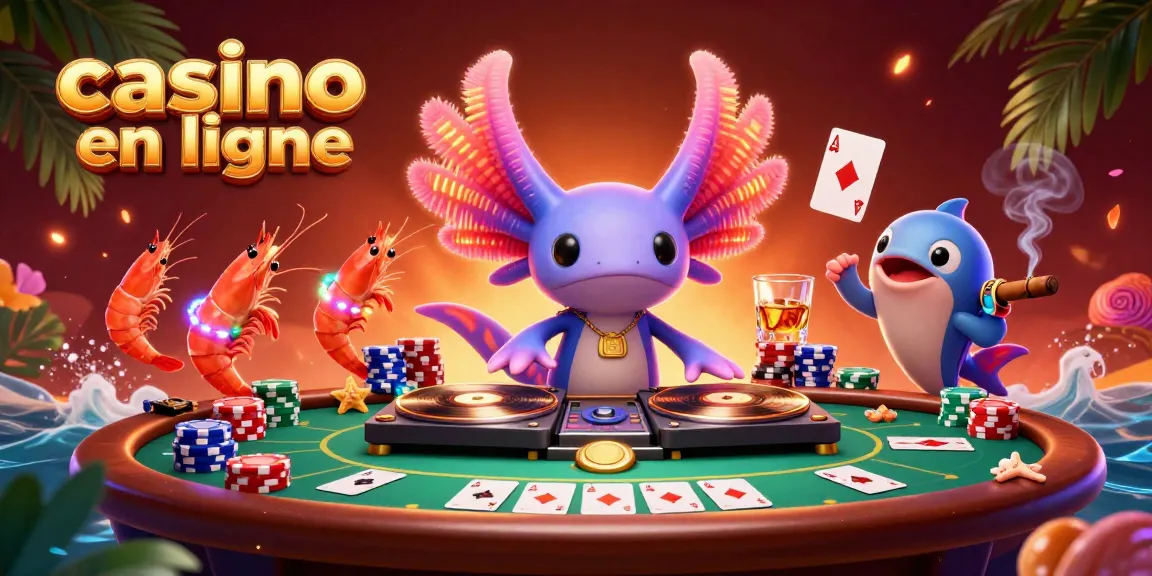 Expérimentez le casino en ligne avec des jeux dynamiques et une atmosphère vibrante, illustrant la convivialité du DJ axolotl.