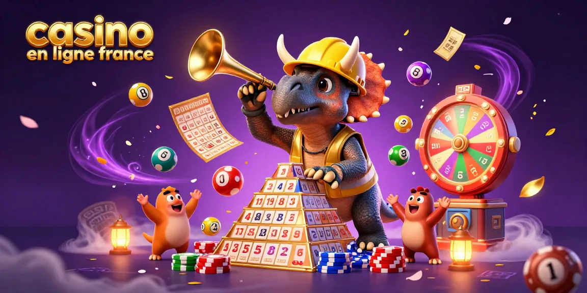 Illustration 3D montrant une scène de casino en ligne France avec des personnages de dinosaure, symboles de jeu et ambiance festive.