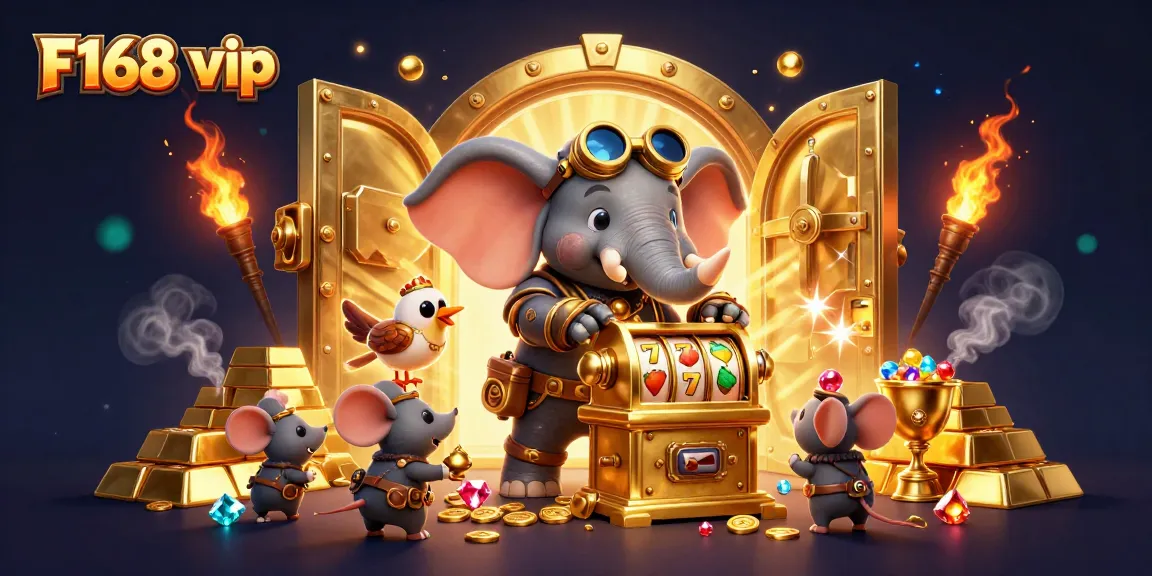 Spin the golden slot machine with F168 vip, featuring a steampunk elephant and glittering treasures!