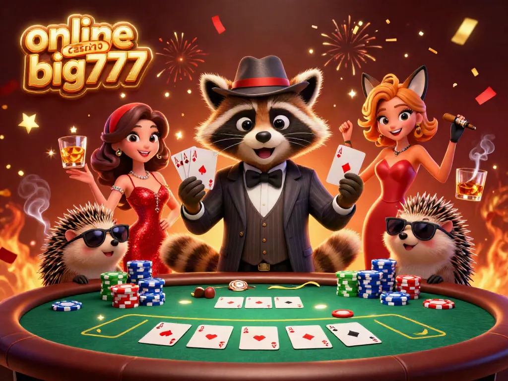 Engage in exciting card action at online casino big777 with lively raccoon, fox, and hedgehog trio in vibrant casino scene.