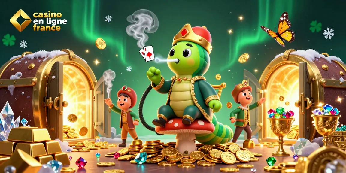 Profitez du casino en ligne France avec cette illustration animée riche en trésors et en jeux de cartes.