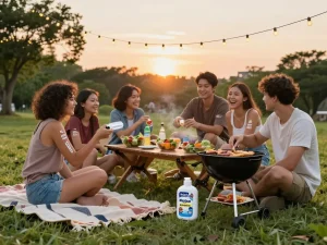 Friends applying Best Mosquito Repellent while enjoying a summer barbecue outdoors in a cozy setting.