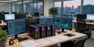 bitcoin mining company setup with advanced tech and dashboards for cryptocurrency analysis