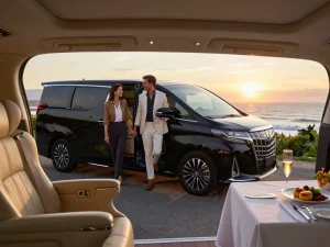 cho thuê xe Alphard với một cặp đôi tận hưởng trải nghiệm du lịch sang trọng trong ánh hoàng hôn ven biển