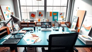 View of a creative design workspace at https://bestdesignersintheworld.com/, showcasing tools and art.