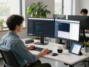Developer using clawbot on dual monitors in a modern office, showcasing productivity and automation.