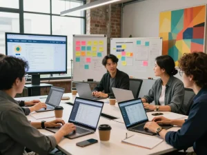 Engaged team collaborating in a vibrant office, showcasing the Best SEO Company NYC dynamic work environment.