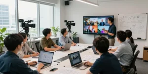 Creative Corporate & Commercial Video Production Sg team collaborating in a bright studio