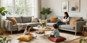 Cozy living room with family enjoying time together, showcasing depo 5k stylish furniture.