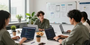 Developer collaboration to publish Android app on Google Play in a bright office setting.