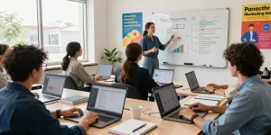 Conversion-optimized landing pages training in a vibrant digital marketing classroom.