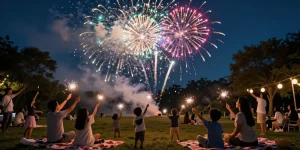 Fireworks UK celebration scene with family enjoying a vibrant display in the backyard.