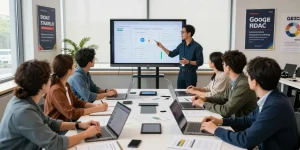Interactive workshop scene showcasing a Google Ads and PPC mastery course with engaged participants and digital marketing materials.