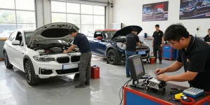 Chiptuning Hannover in einer modernen Werkstatt mit Mechanikern, die BMW und MINI Fahrzeuge optimieren.