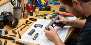 Customizing Glock slides at https://precisionglockslides.com workshop with precision tools.