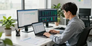 Аренда 1С: работающий бухгалтер за ноутбуком в современном офисе с документацией и анализом данных.
