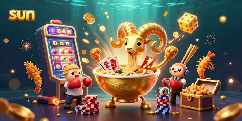 Join the fun at sun-themed casino games with vibrant characters and bonuses sparkling in the background.