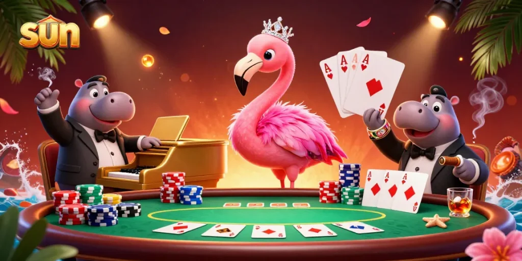 Experience thrilling wins at Sun with a vibrant cartoon scene illustrating a gambling ambiance filled with poker excitement.