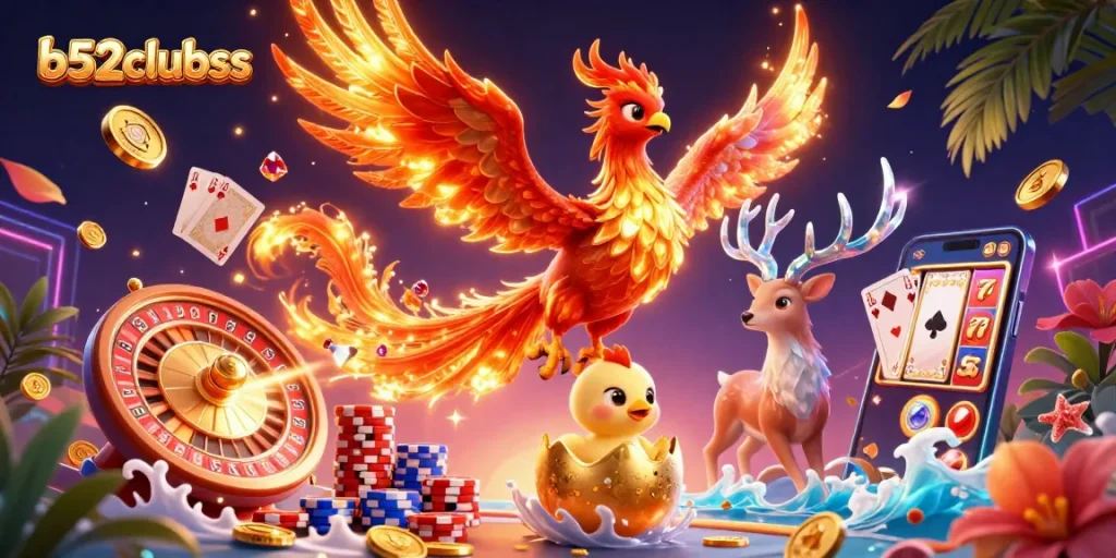 Engage with b52clubss while witnessing a fiery phoenix soar amidst a vibrant casino explosion.