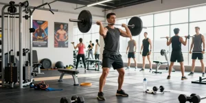 Pharmaqo Shop athlete lifting weights in a vibrant gym environment full of fitness equipment.