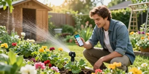 Engaged gardener utilizing rainpoint irrigation controllers to optimize watering in a lush garden.